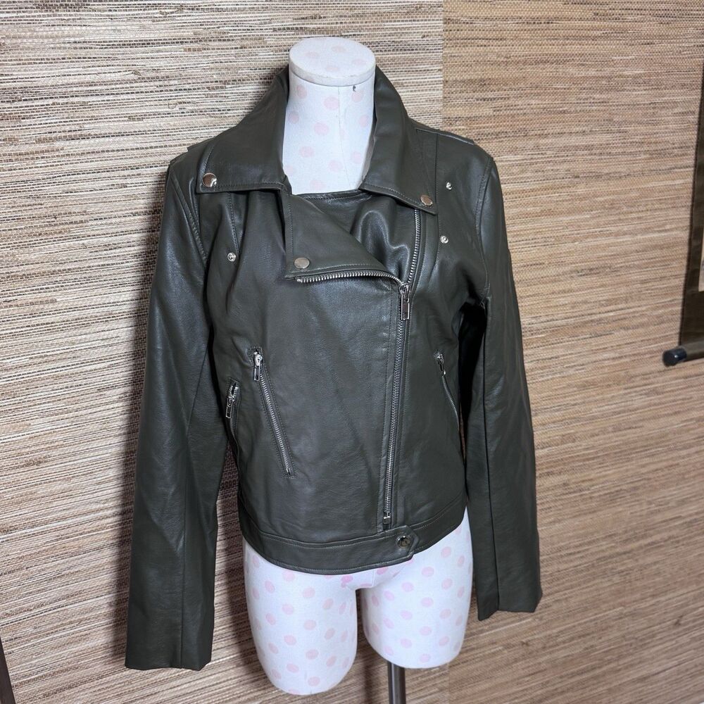 Retro Vegan Leather Motorcycle Jacket Green Biker Clothing Punk Grunge Size L
